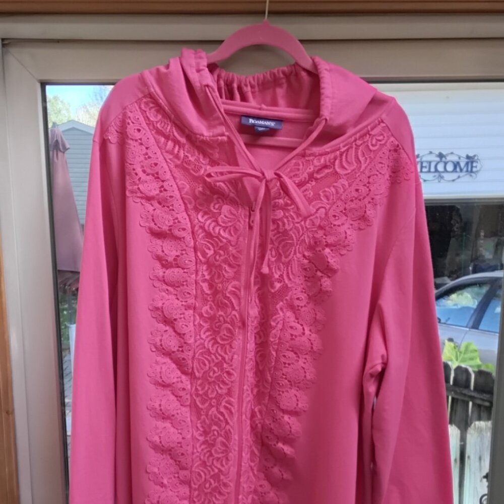 Roamans Magenta Pink Lace Zip up Hoodie w/ asymmetrical shark bite hem 26/28(2X)